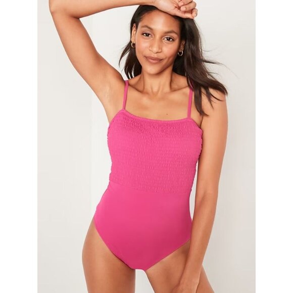 Old Navy Womens Smocked Bandeau One-Piece Swimsuit Size M Hot Pink Stretch Beach - Picture 1 of 11